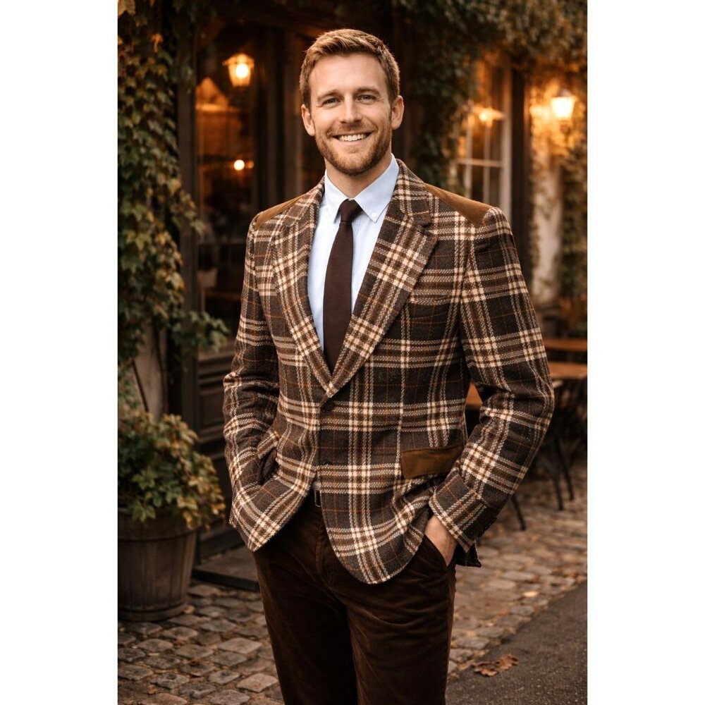 VTG Mens Plaid Wool Blazer Sport Coat Union Made Dark Academia USA 40–42 Brown‎